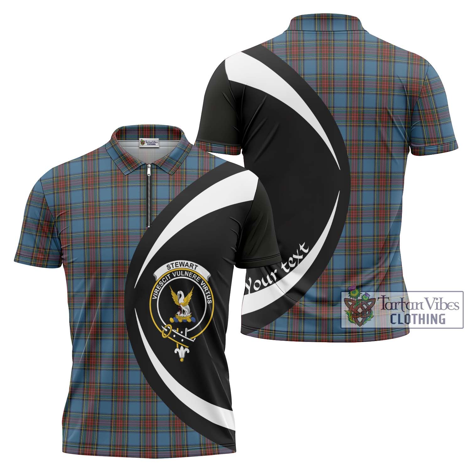 Stewart Royal Blue Tartan Zipper Polo Shirt with Family Crest Circle Style Unisex - Tartan Vibes Clothing