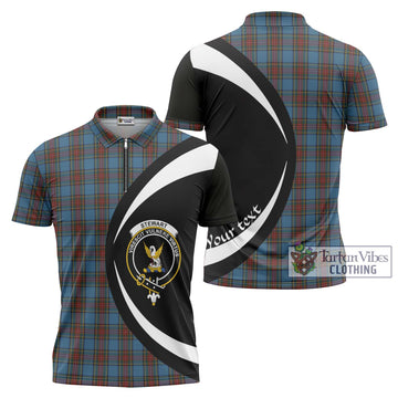 Stewart Royal Blue Tartan Zipper Polo Shirt with Family Crest Circle Style