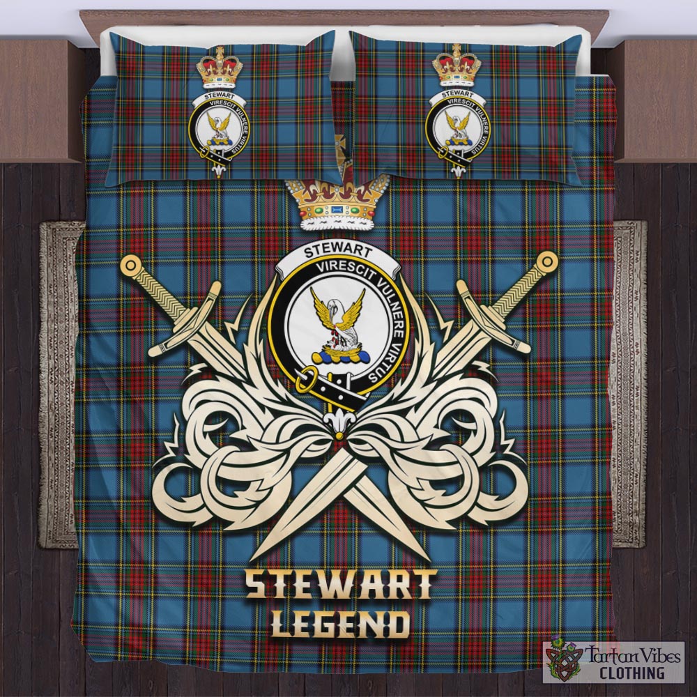 Tartan Vibes Clothing Stewart Royal Blue Tartan Bedding Set with Clan Crest and the Golden Sword of Courageous Legacy