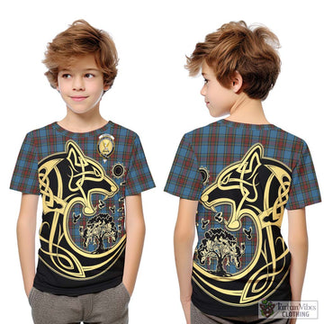 Stewart Royal Blue Tartan Kid T-Shirt with Family Crest Celtic Wolf Style