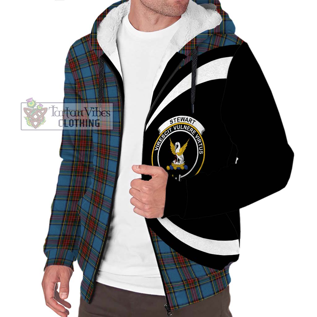 Stewart Royal Blue Tartan Sherpa Hoodie with Family Crest Circle Style Unisex S - Tartan Vibes Clothing