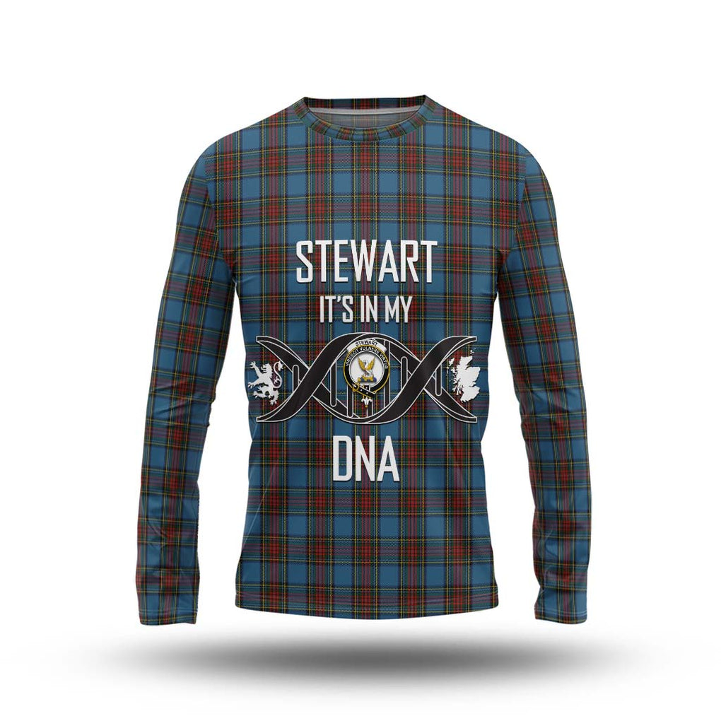 Stewart Royal Blue Tartan Long Sleeve T-Shirt with Family Crest DNA In Me Style Unisex - Tartanvibesclothing Shop