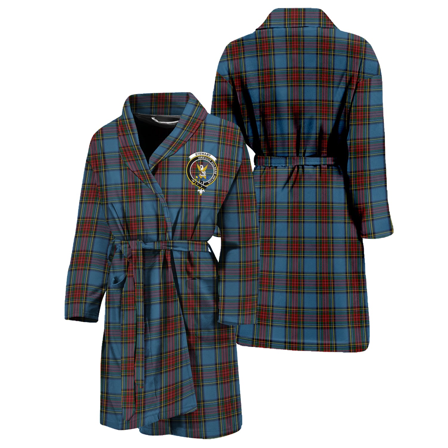 Stewart Royal Blue Tartan Bathrobe with Family Crest Unisex S - Tartan Vibes Clothing