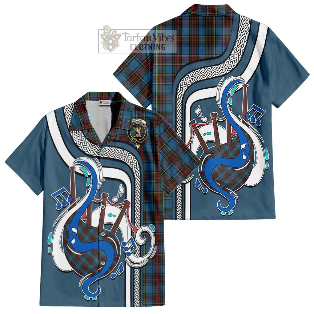 Stewart Royal Blue Tartan Short Sleeve Button Shirt with Epic Bagpipe Style Kid - Tartanvibesclothing Shop