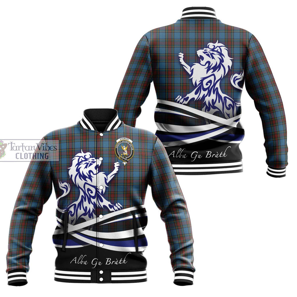 Stewart Royal Blue Tartan Baseball Jacket with Alba Gu Brath Regal Lion Emblem Unisex - Tartanvibesclothing Shop