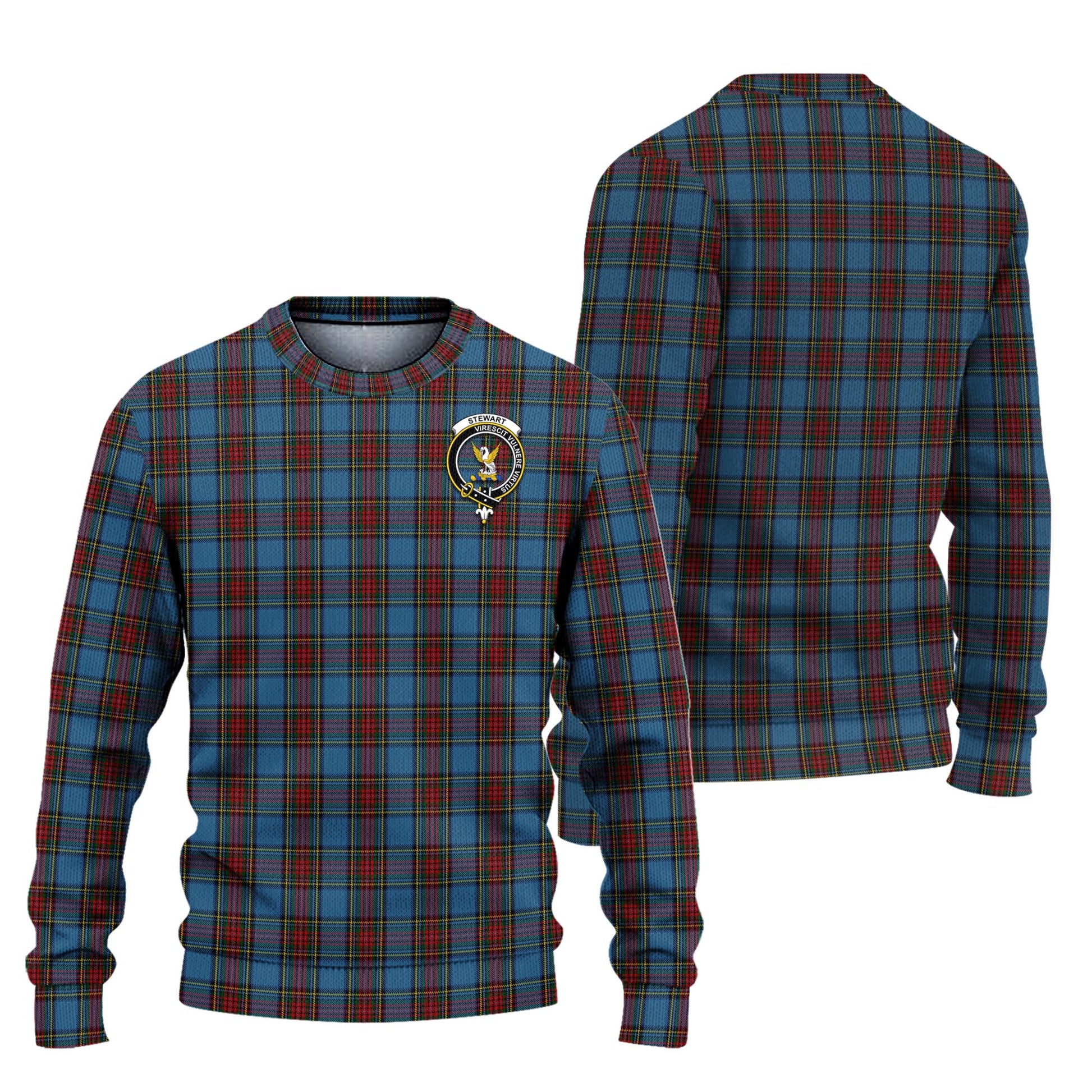 Stewart Royal Blue Tartan Knitted Sweater with Family Crest Unisex - Tartanvibesclothing