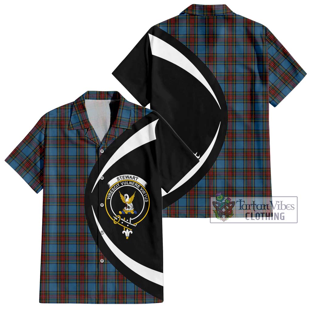 Stewart Royal Blue Tartan Short Sleeve Button Up with Family Crest Circle Style Kid - Tartan Vibes Clothing