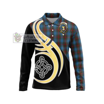 Stewart Royal Blue Tartan Long Sleeve Polo Shirt with Family Crest and Celtic Symbol Style