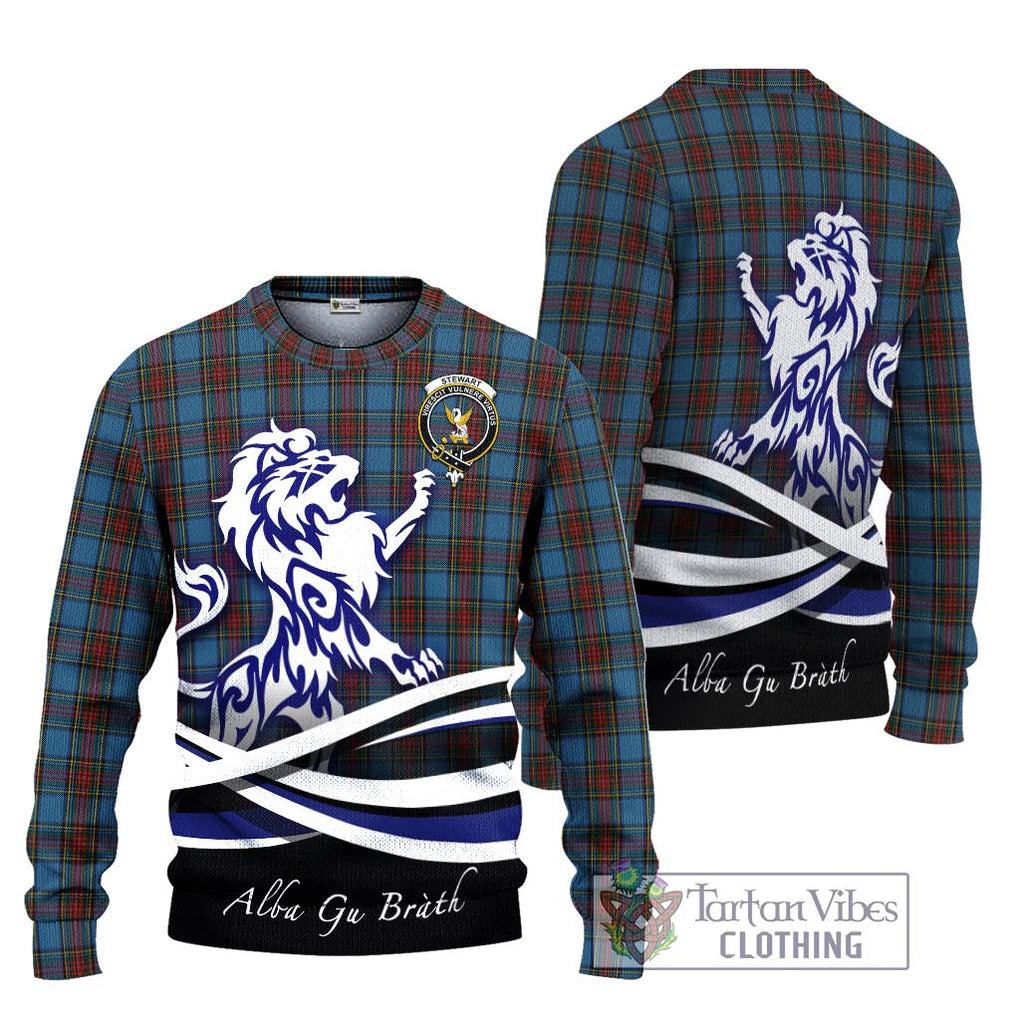 Stewart Royal Blue Tartan Knitted Sweater with Alba Gu Brath Regal Lion Emblem Unisex - Tartanvibesclothing Shop