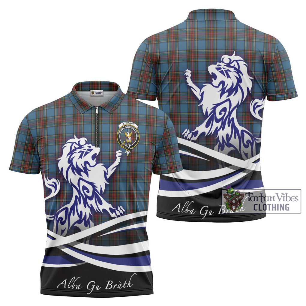 Stewart Royal Blue Tartan Zipper Polo Shirt with Alba Gu Brath Regal Lion Emblem Unisex - Tartanvibesclothing Shop