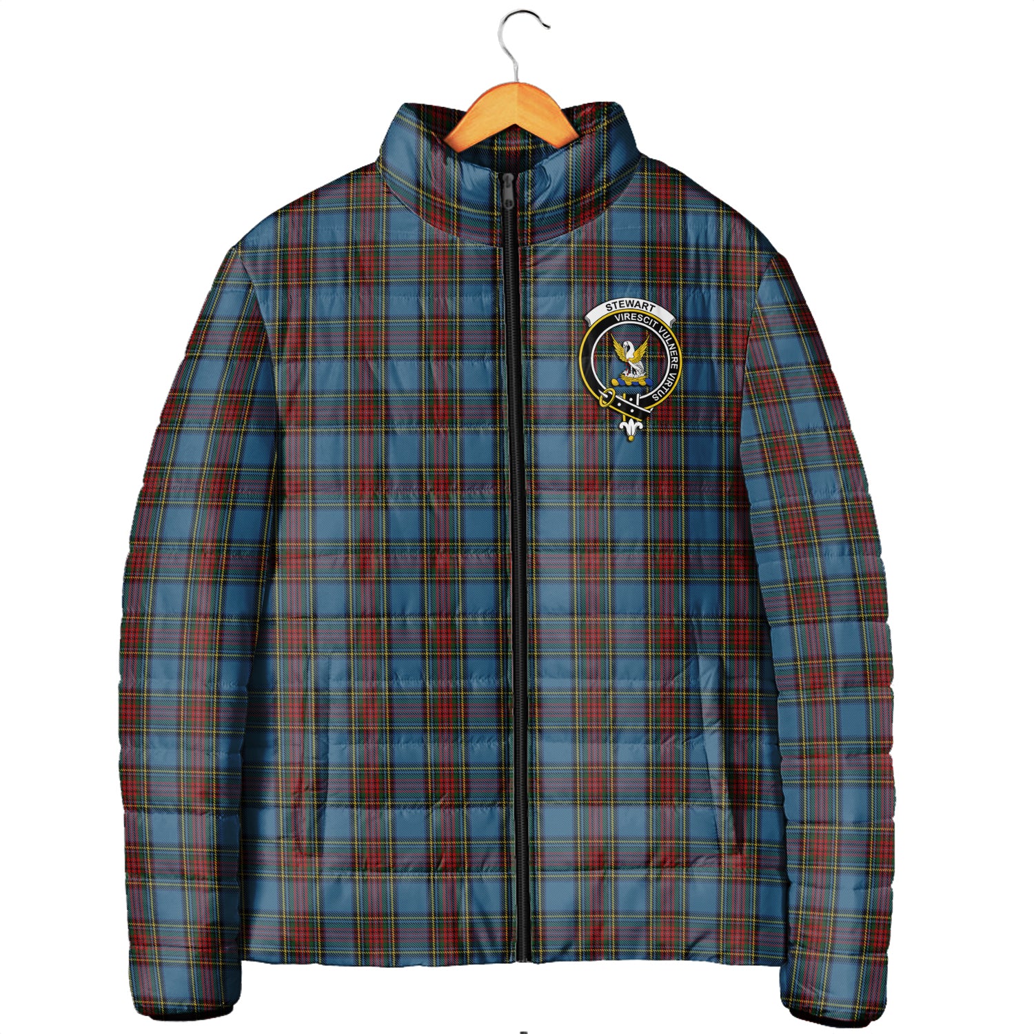 Stewart Royal Blue Tartan Padded Jacket with Family Crest Men's Padded Jacket - Tartan Vibes Clothing