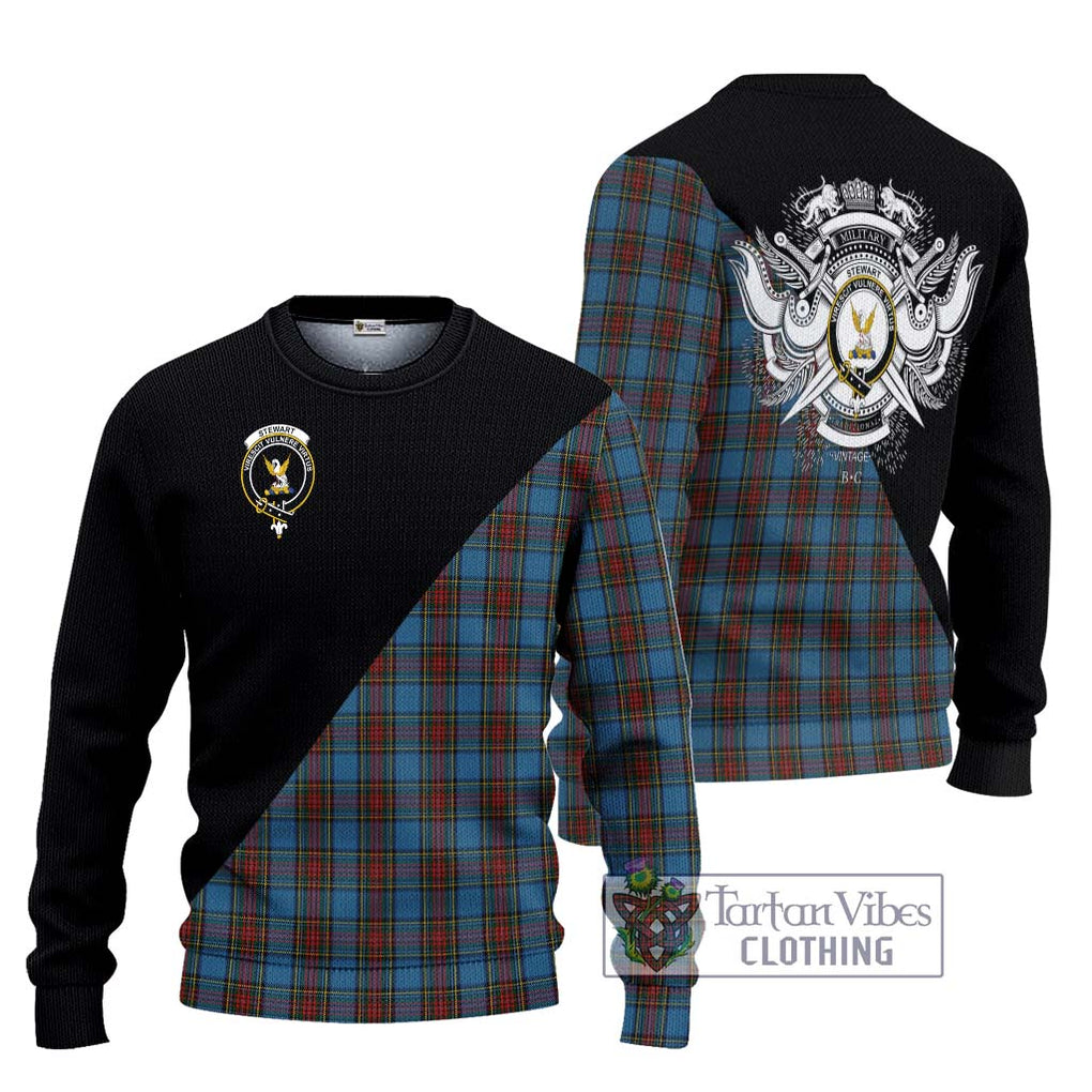 Stewart Royal Blue Tartan Knitted Sweater with Family Crest and Military Logo Style Unisex - Tartanvibesclothing Shop