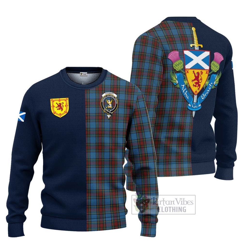 Tartan Vibes Clothing Stewart Royal Blue Tartan Knitted Sweater with Scottish Lion Royal Arm Half Style