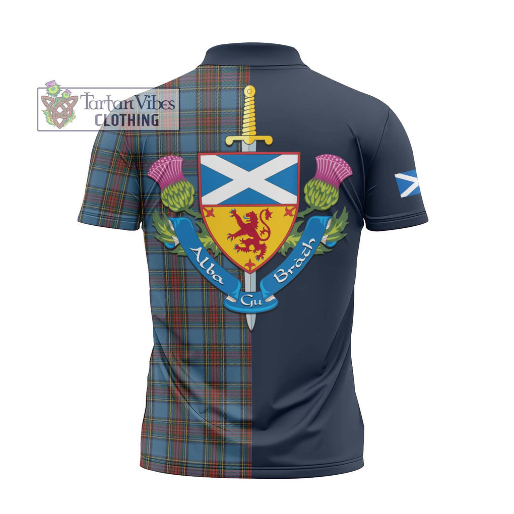 Tartan Vibes Clothing Stewart Royal Blue Tartan Zipper Polo Shirt with Scottish Lion Royal Arm Half Style