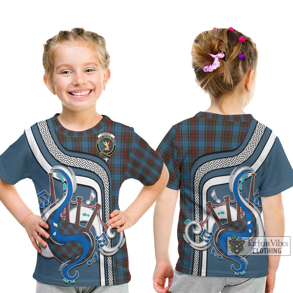 Tartan Vibes Clothing Stewart Royal Blue Tartan Kid T-Shirt with Epic Bagpipe Style