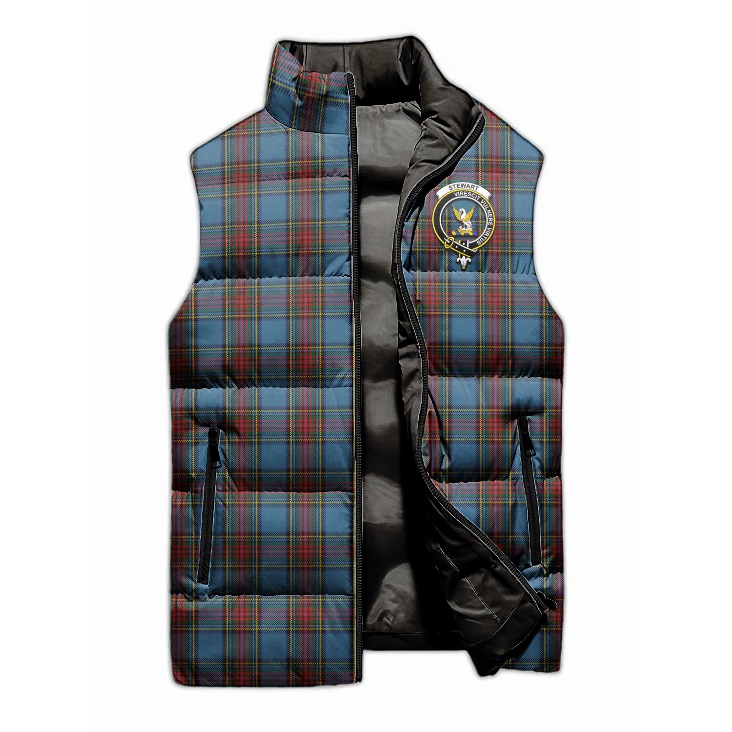 Stewart Royal Blue Tartan Sleeveless Puffer Jacket with Family Crest - Tartanvibesclothing