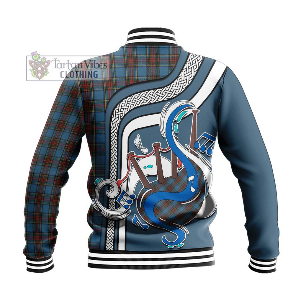 Tartan Vibes Clothing Stewart Royal Blue Tartan Baseball Jacket with Epic Bagpipe Style