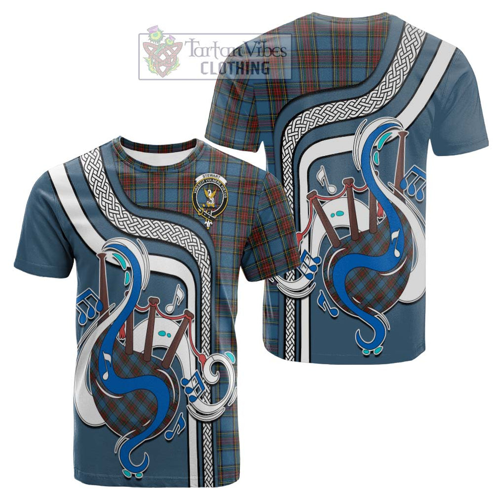 Tartan Vibes Clothing Stewart Royal Blue Tartan Cotton T-shirt with Epic Bagpipe Style