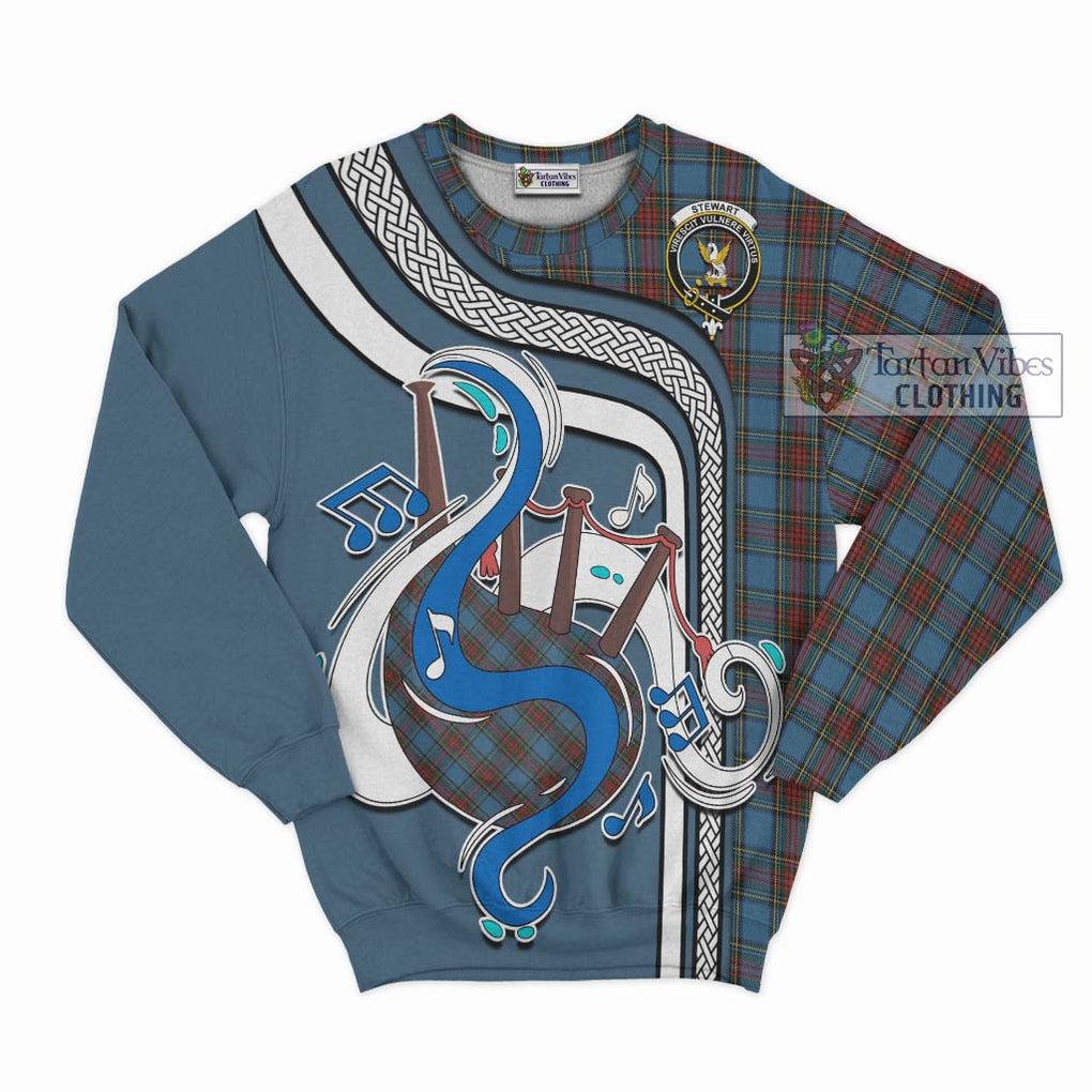 Tartan Vibes Clothing Stewart Royal Blue Tartan Sweatshirt with Epic Bagpipe Style