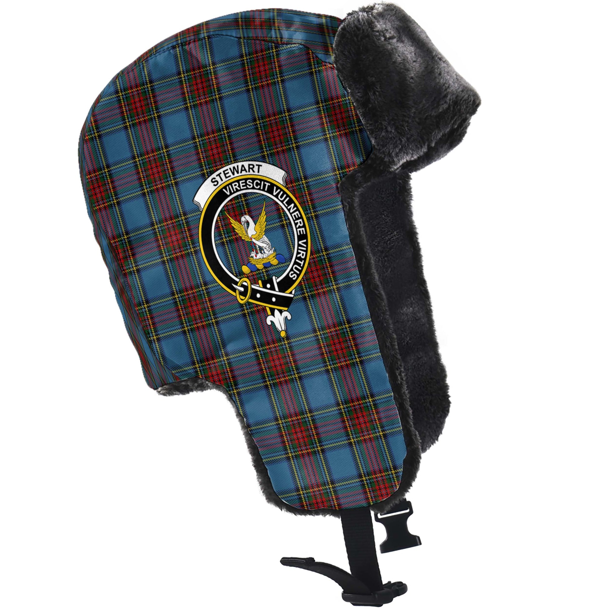 Stewart Royal Blue Tartan Winter Trapper Hat with Family Crest - Tartanvibesclothing