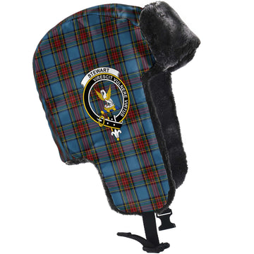 Stewart Royal Blue Tartan Winter Trapper Hat with Family Crest