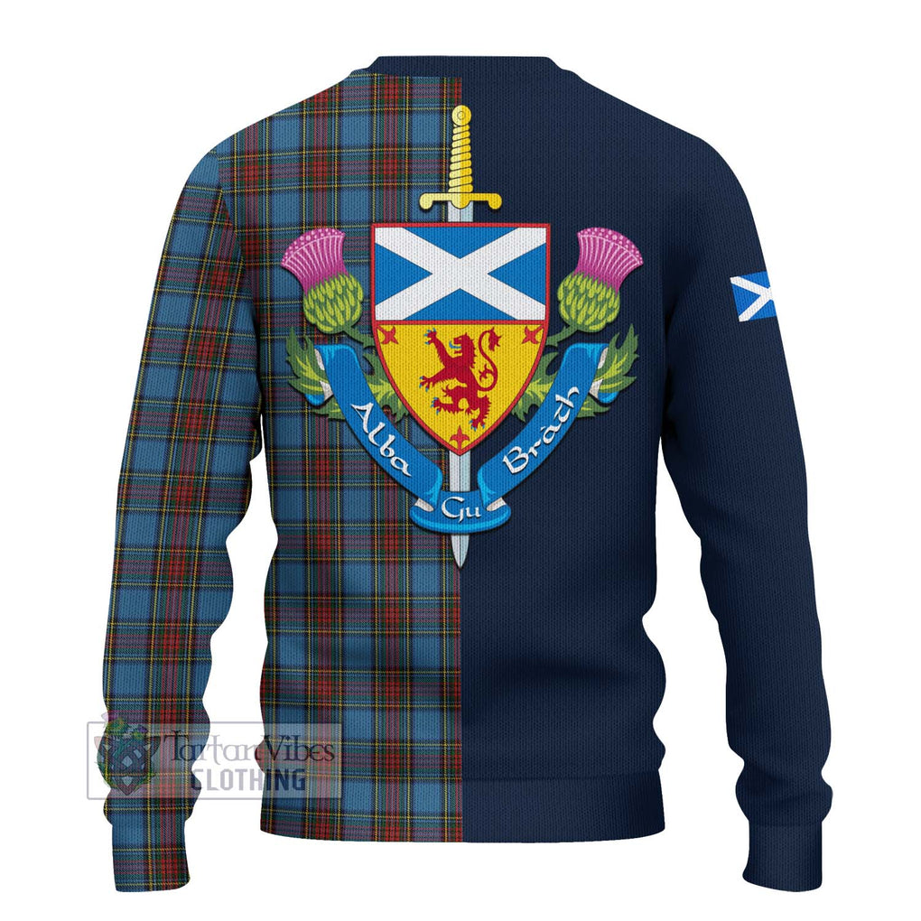 Tartan Vibes Clothing Stewart Royal Blue Tartan Knitted Sweater with Scottish Lion Royal Arm Half Style