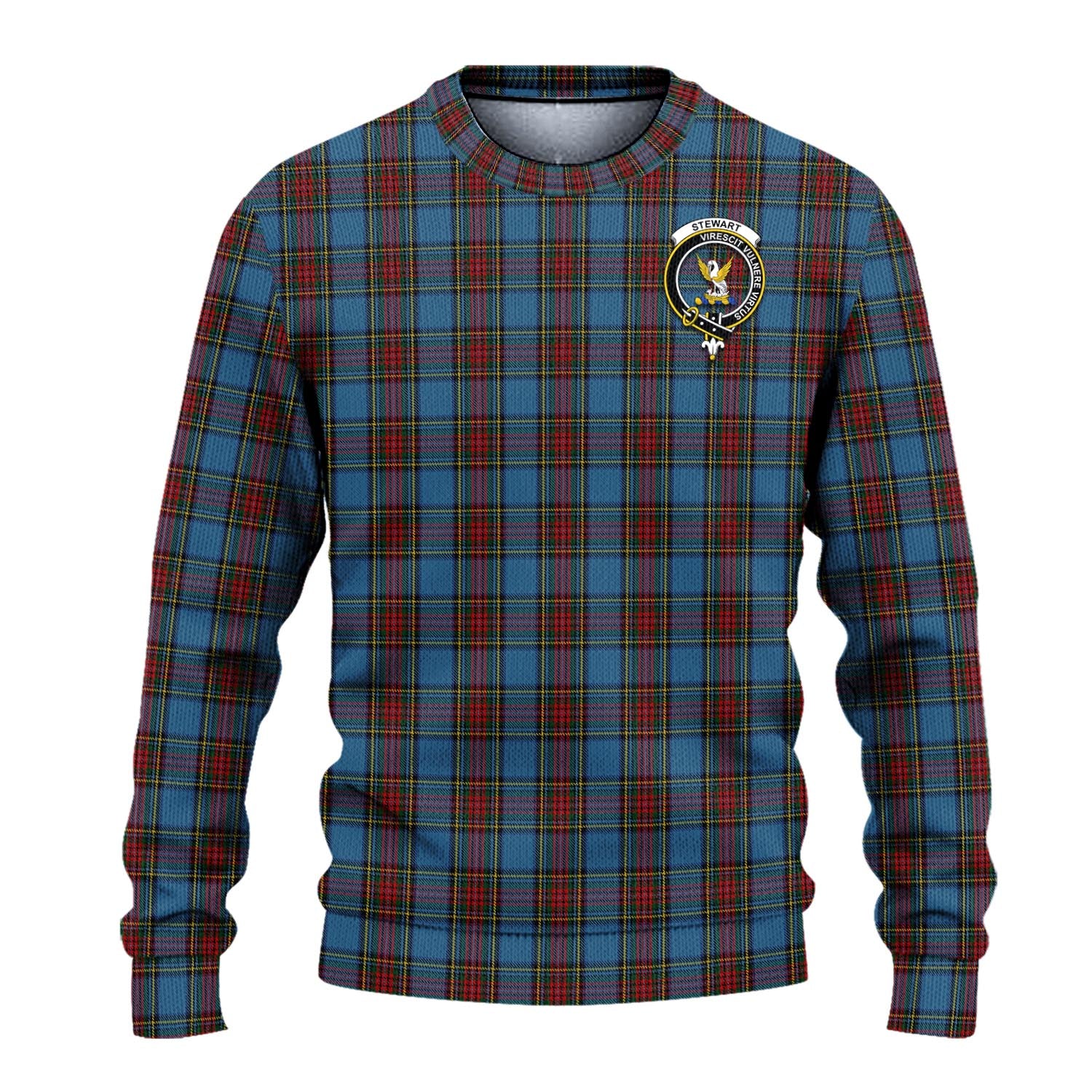 Stewart Royal Blue Tartan Knitted Sweater with Family Crest - Tartanvibesclothing