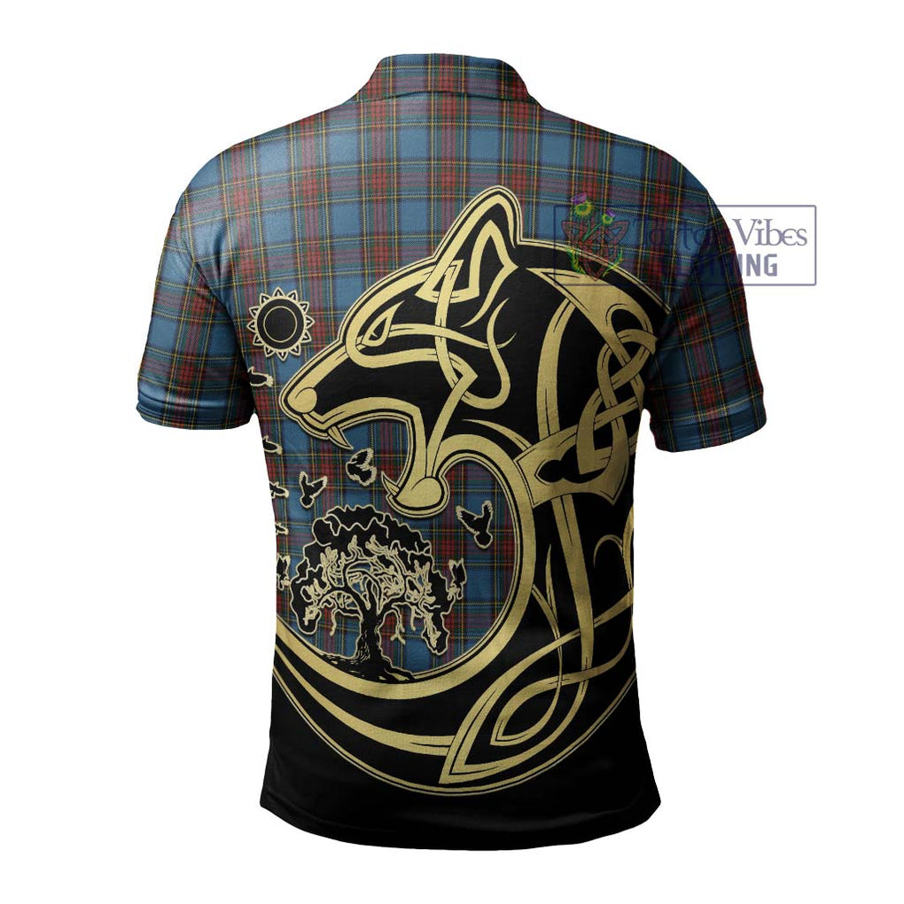 Stewart Royal Blue Tartan Polo Shirt with Family Crest Celtic Wolf Style - Tartanvibesclothing Shop