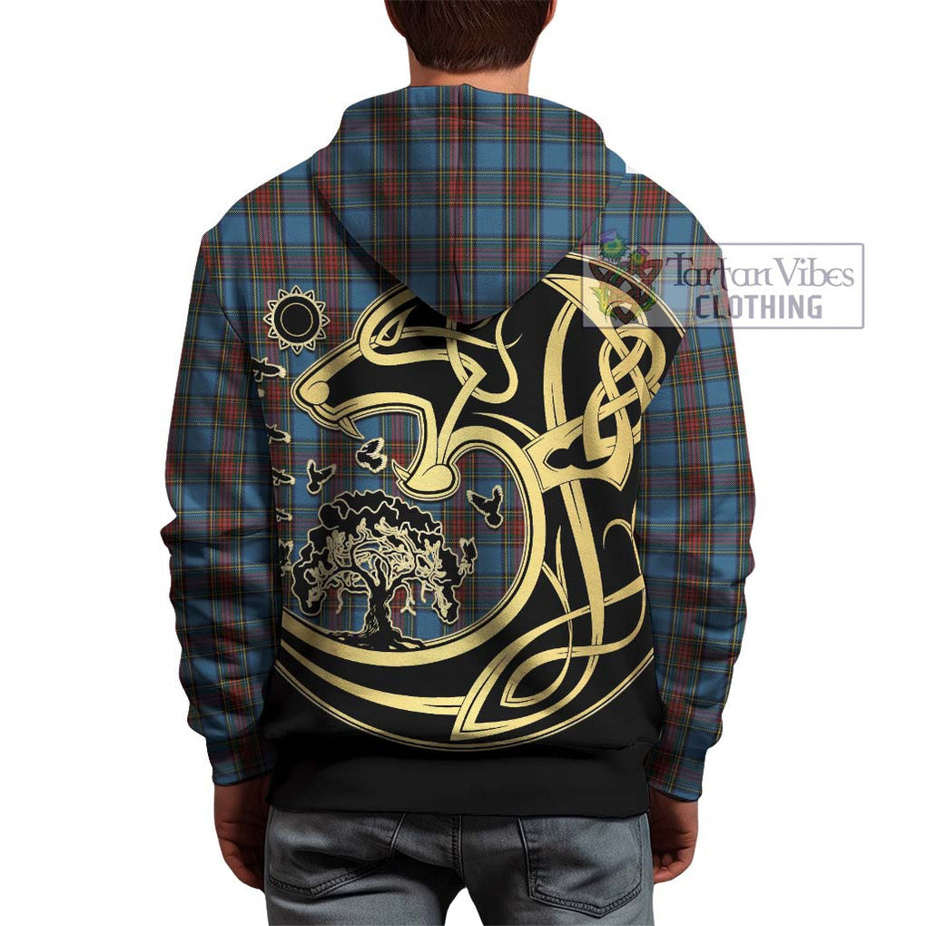 Stewart Royal Blue Tartan Hoodie with Family Crest Celtic Wolf Style - Tartan Vibes Clothing