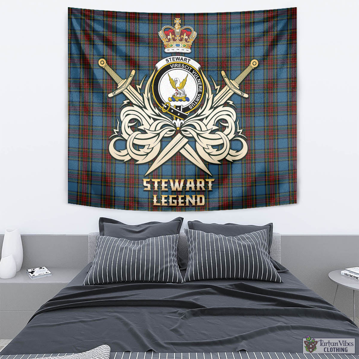 Tartan Vibes Clothing Stewart Royal Blue Tartan Tapestry with Clan Crest and the Golden Sword of Courageous Legacy