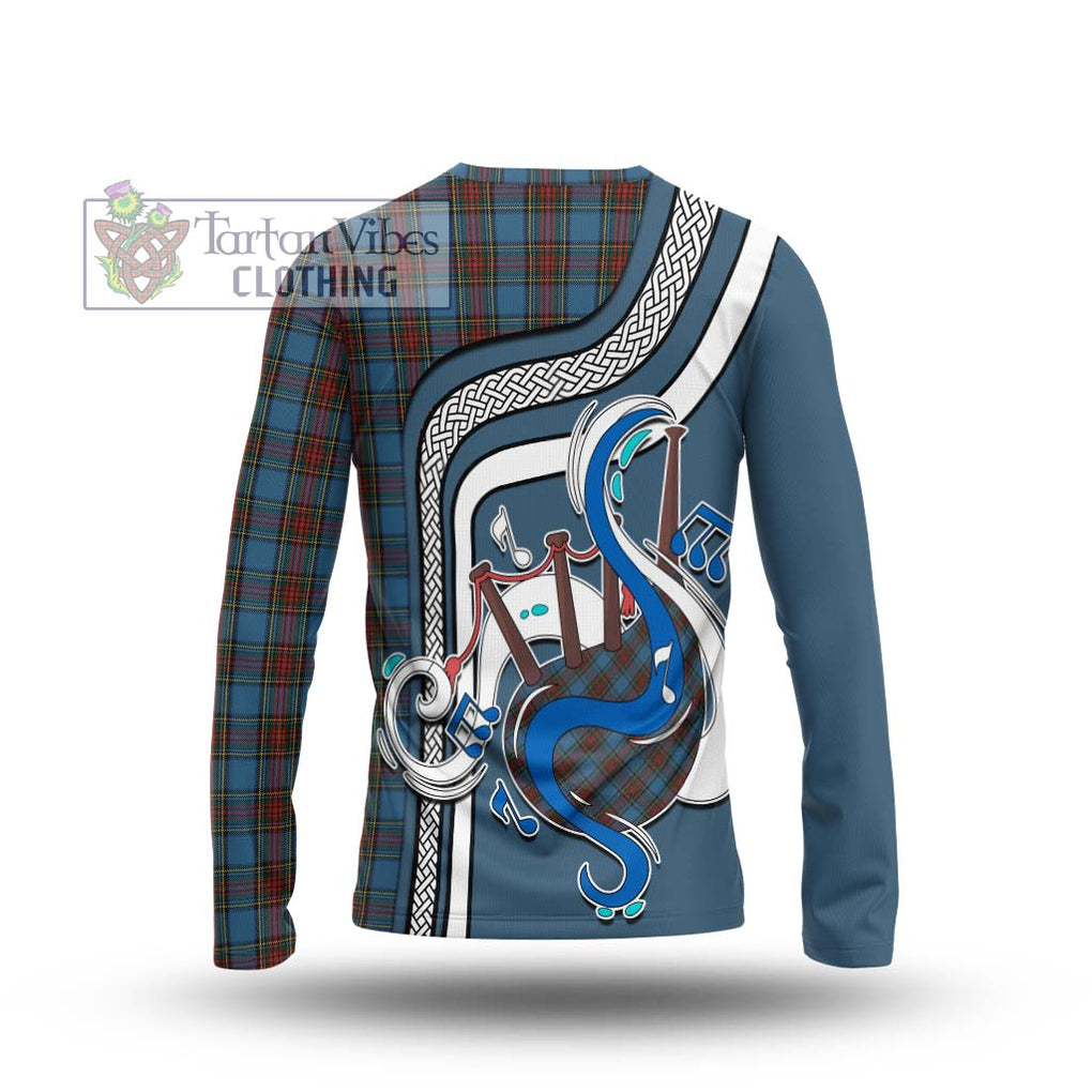 Tartan Vibes Clothing Stewart Royal Blue Tartan Long Sleeve T-Shirt with Epic Bagpipe Style