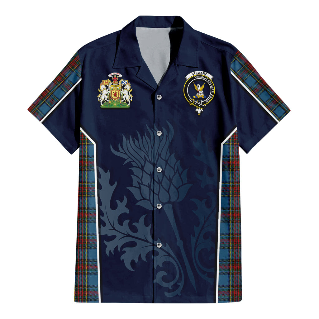 Tartan Vibes Clothing Stewart Royal Blue Tartan Short Sleeve Button Up Shirt with Family Crest and Scottish Thistle Vibes Sport Style