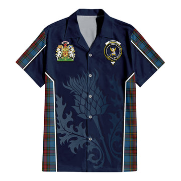 Stewart Royal Blue Tartan Short Sleeve Button Up Shirt with Family Crest and Scottish Thistle Vibes Sport Style