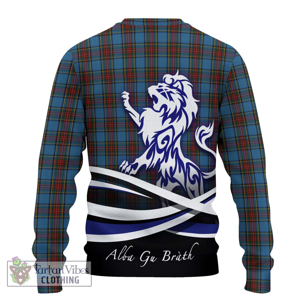 Stewart Royal Blue Tartan Knitted Sweater with Alba Gu Brath Regal Lion Emblem - Tartanvibesclothing Shop