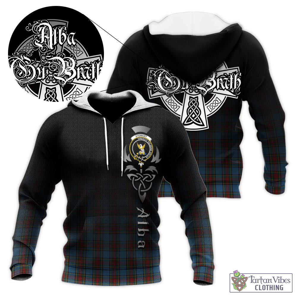 Tartan Vibes Clothing Stewart Royal Blue Tartan Knitted Hoodie Featuring Alba Gu Brath Family Crest Celtic Inspired