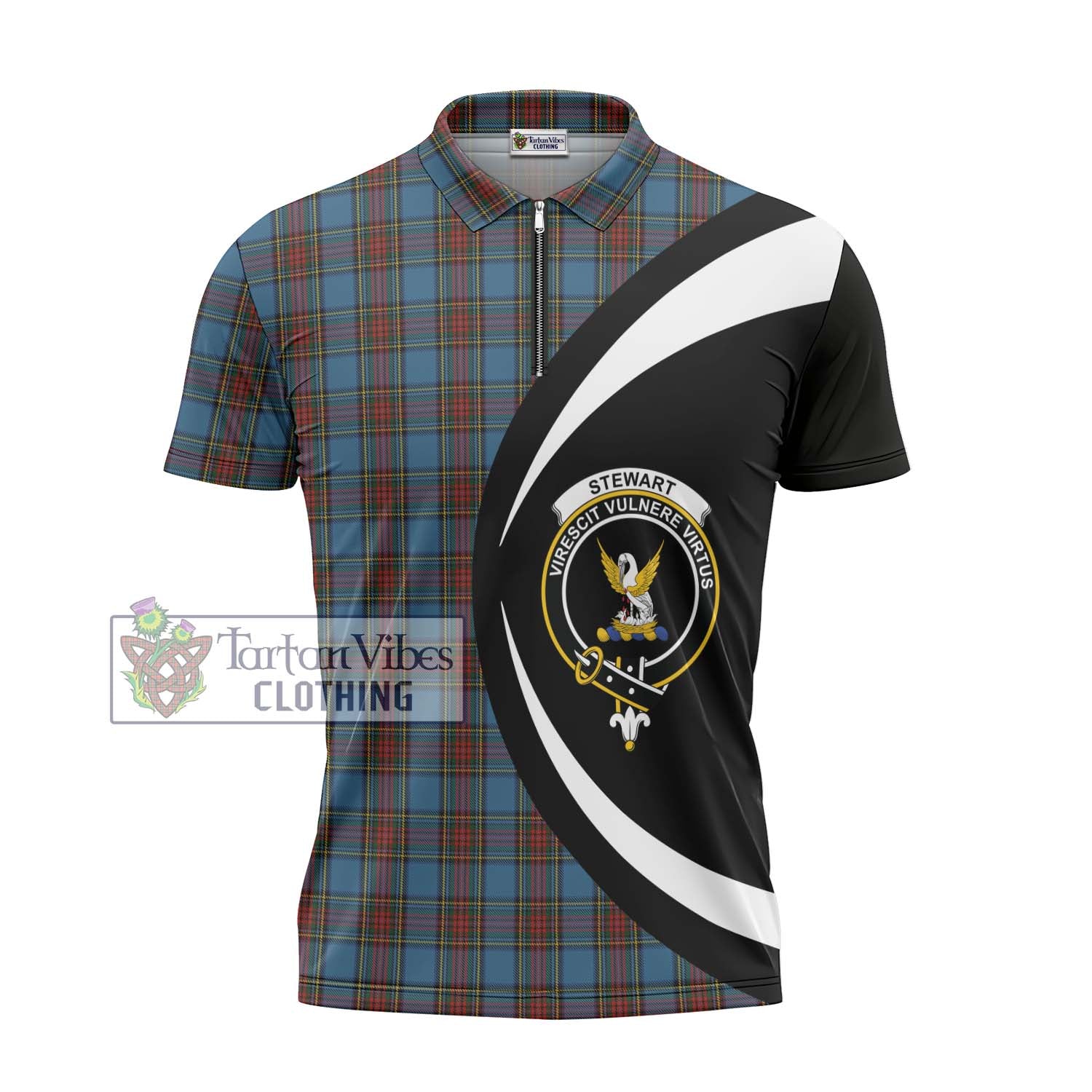 Stewart Royal Blue Tartan Zipper Polo Shirt with Family Crest Circle Style - Tartan Vibes Clothing