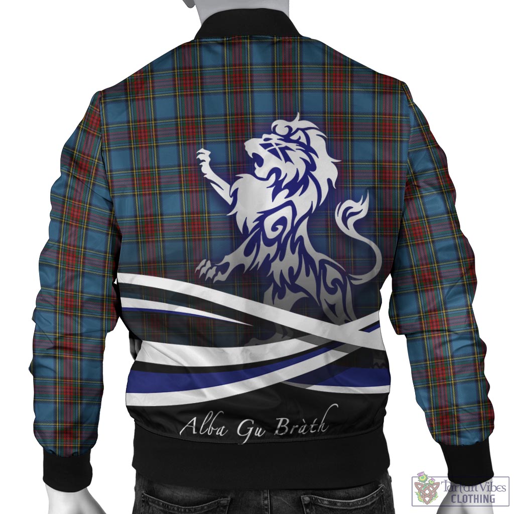 Tartan Vibes Clothing Stewart Royal Blue Tartan Bomber Jacket with Alba Gu Brath Regal Lion Emblem