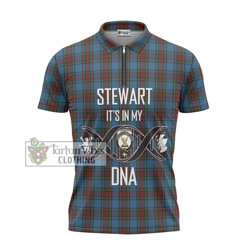 Stewart Royal Blue Tartan Zipper Polo Shirt with Family Crest DNA In Me Style - Tartanvibesclothing Shop