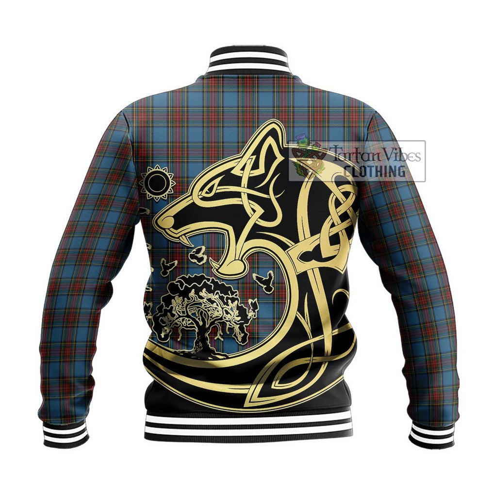 Stewart Royal Blue Tartan Baseball Jacket with Family Crest Celtic Wolf Style - Tartan Vibes Clothing