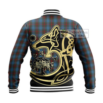 Stewart Royal Blue Tartan Baseball Jacket with Family Crest Celtic Wolf Style