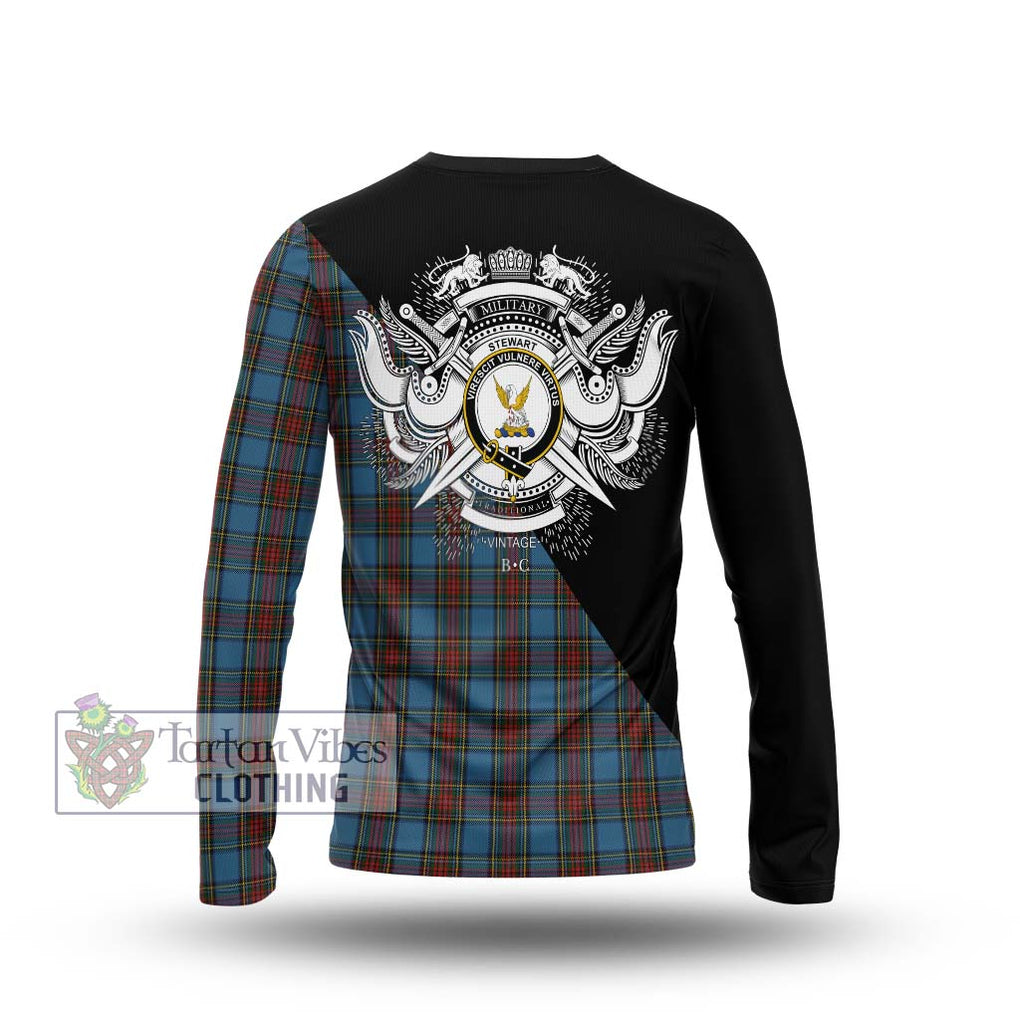 Stewart Royal Blue Tartan Long Sleeve T-Shirt with Family Crest and Military Logo Style - Tartanvibesclothing Shop