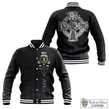 Stewart Royal Blue Tartan Baseball Jacket Featuring Alba Gu Brath Family Crest Celtic Inspired