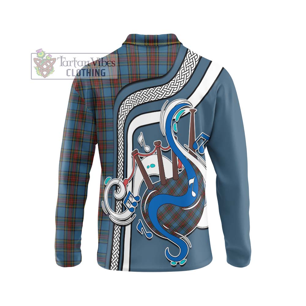 Tartan Vibes Clothing Stewart Royal Blue Tartan Long Sleeve Polo Shirt with Epic Bagpipe Style