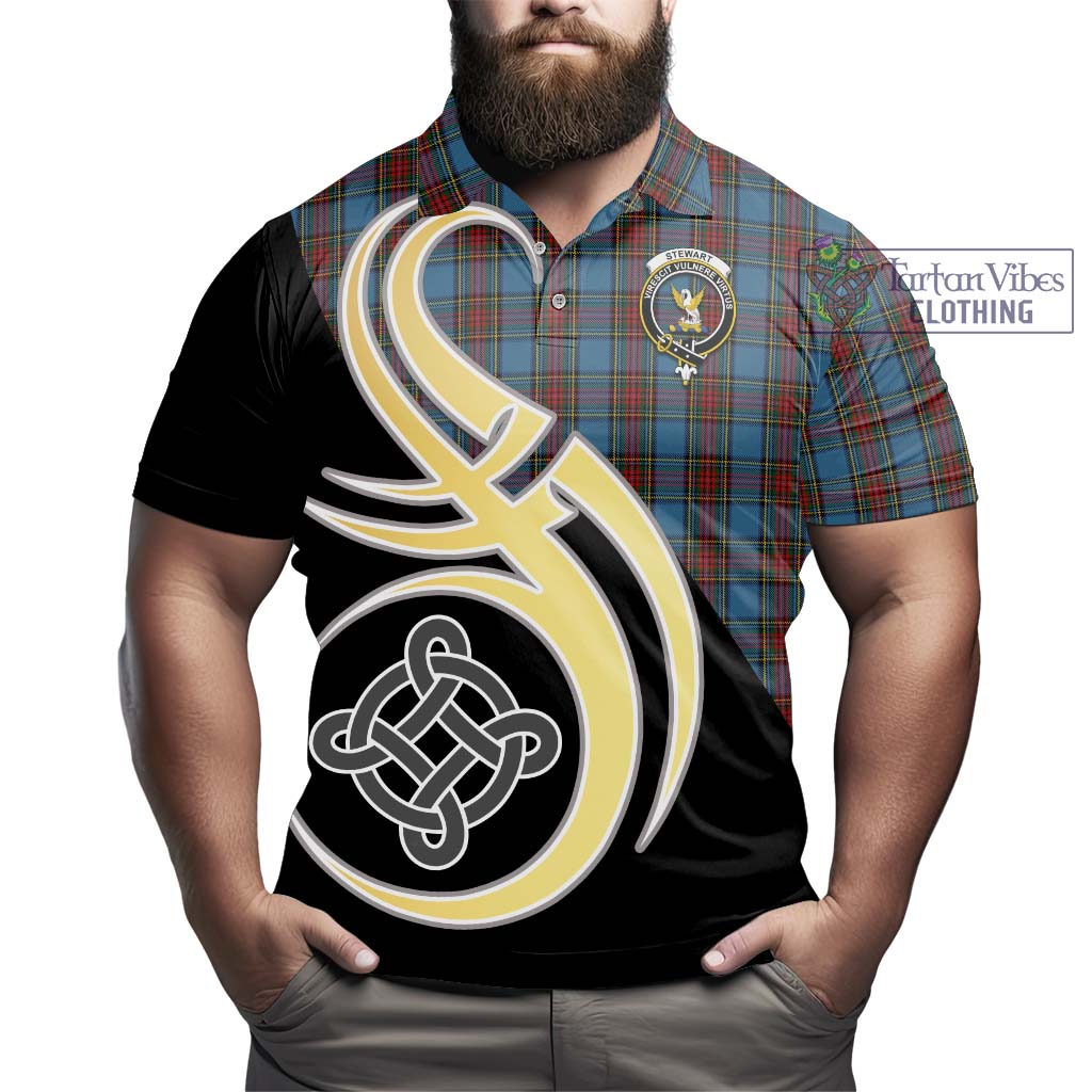 Tartan Vibes Clothing Stewart Royal Blue Tartan Polo Shirt with Family Crest and Celtic Symbol Style