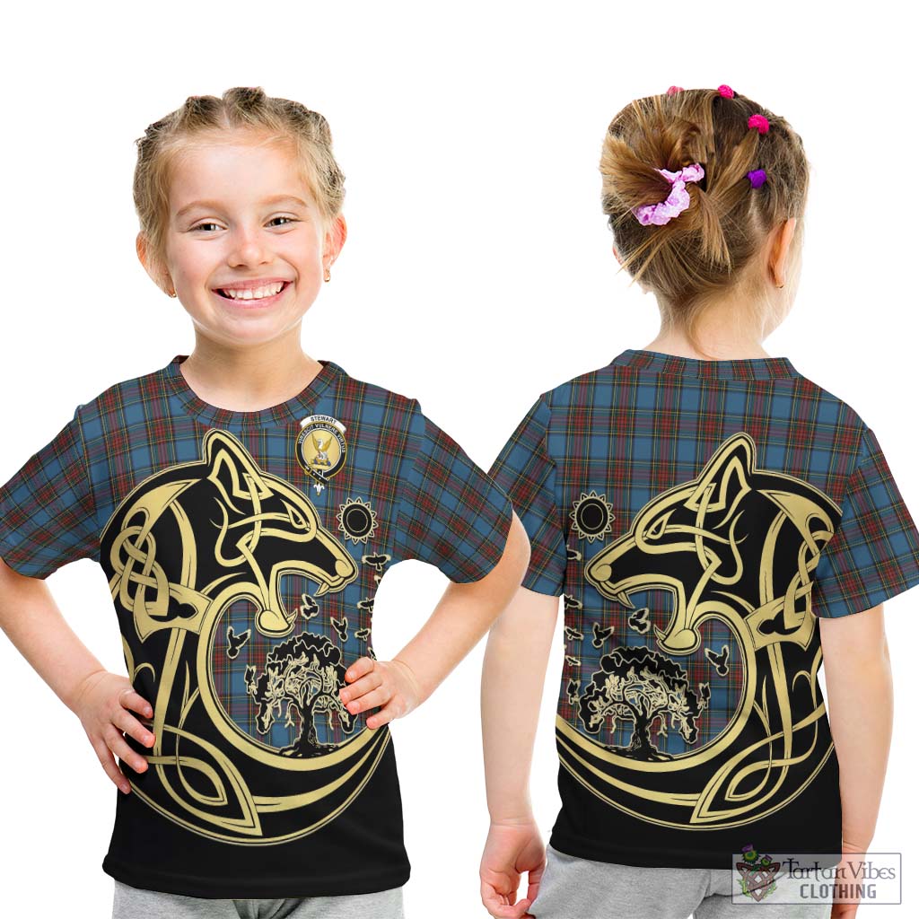 Stewart Royal Blue Tartan Kid T-Shirt with Family Crest Celtic Wolf Style - Tartan Vibes Clothing