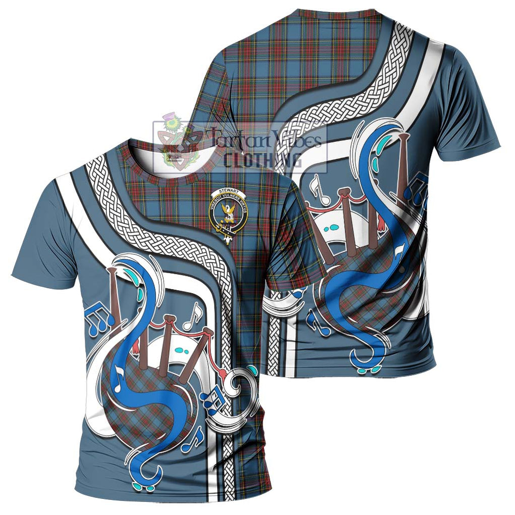 Stewart Royal Blue Tartan T-Shirt with Epic Bagpipe Style - Tartanvibesclothing Shop