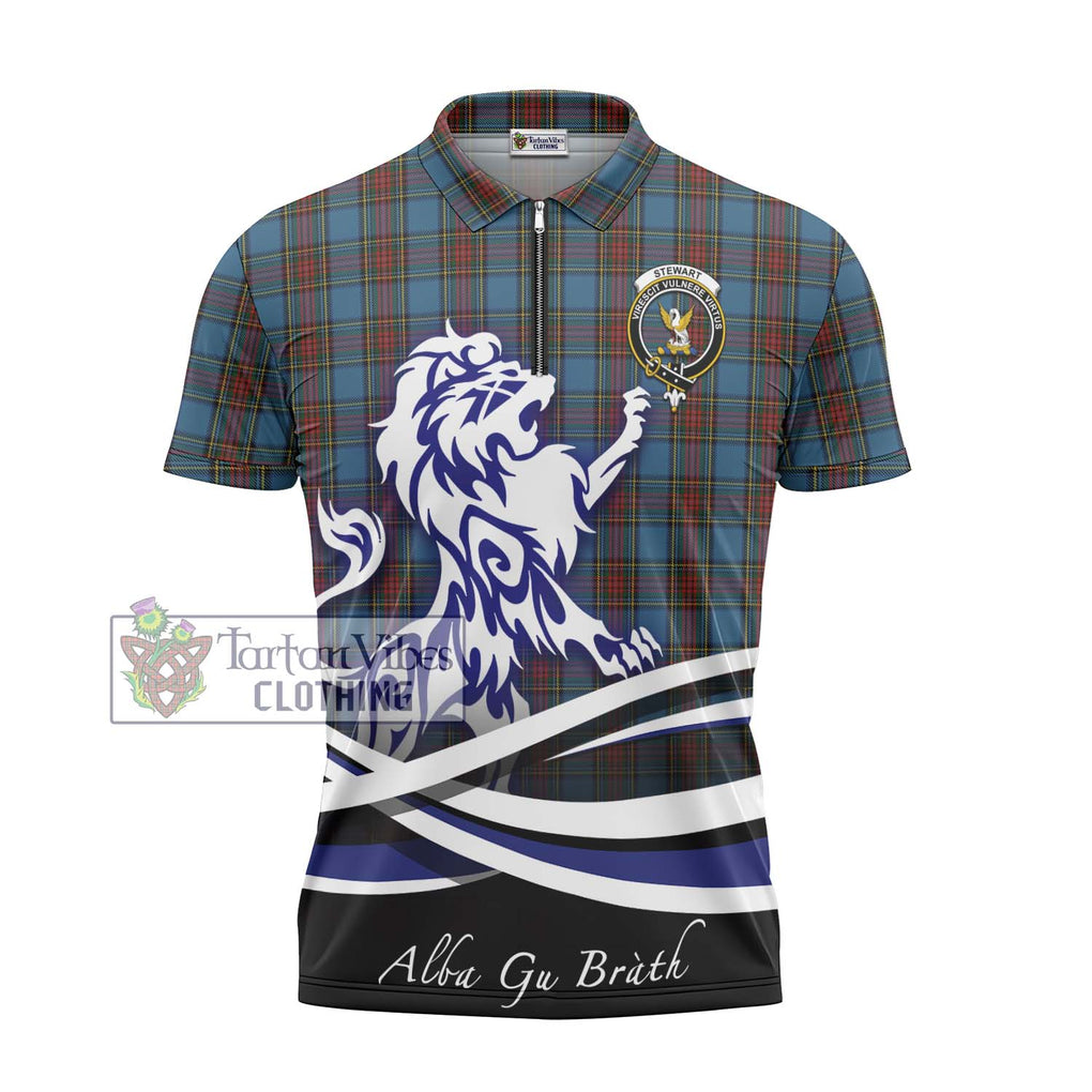 Stewart Royal Blue Tartan Zipper Polo Shirt with Alba Gu Brath Regal Lion Emblem - Tartanvibesclothing Shop