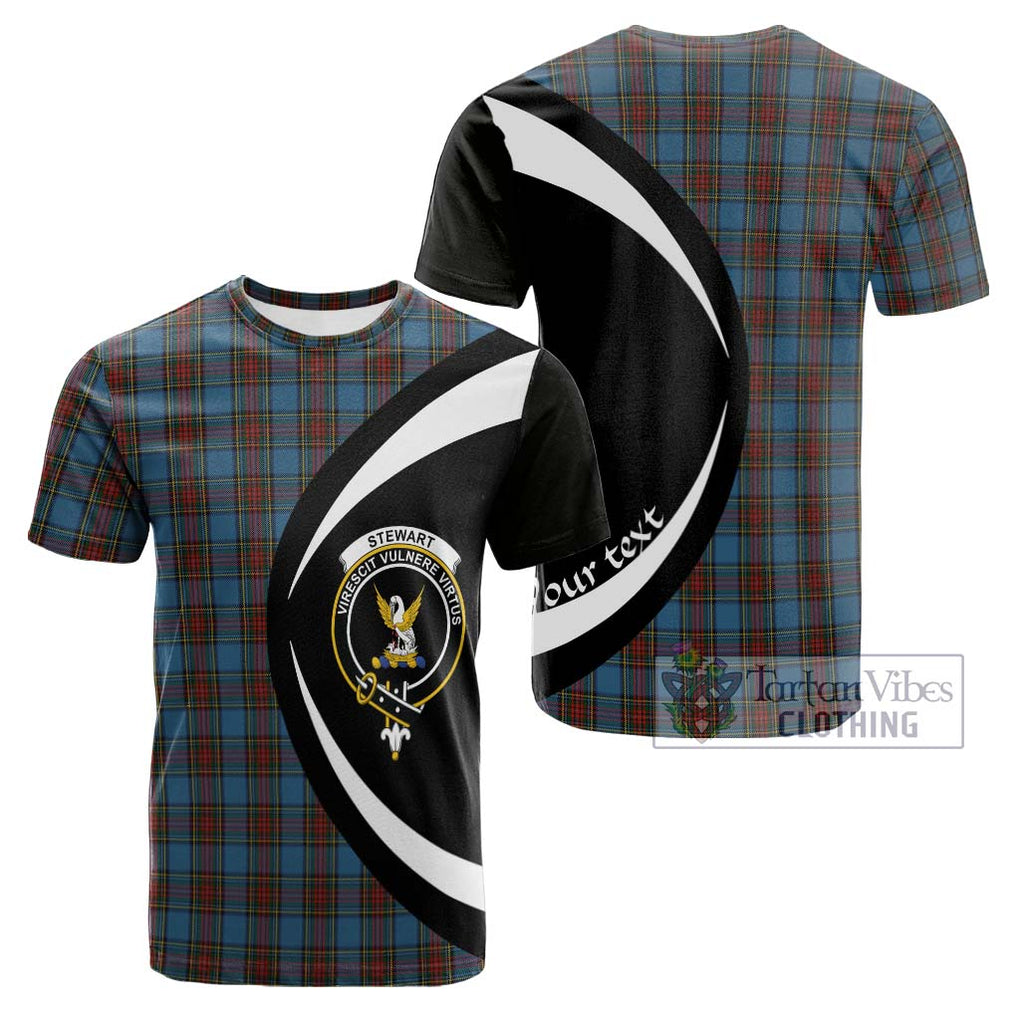 Tartan Vibes Clothing Stewart Royal Blue Tartan Cotton T-shirt with Family Crest Circle Style