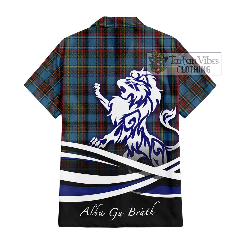 Stewart Royal Blue Tartan Short Sleeve Button Shirt with Alba Gu Brath Regal Lion Emblem - Tartanvibesclothing Shop