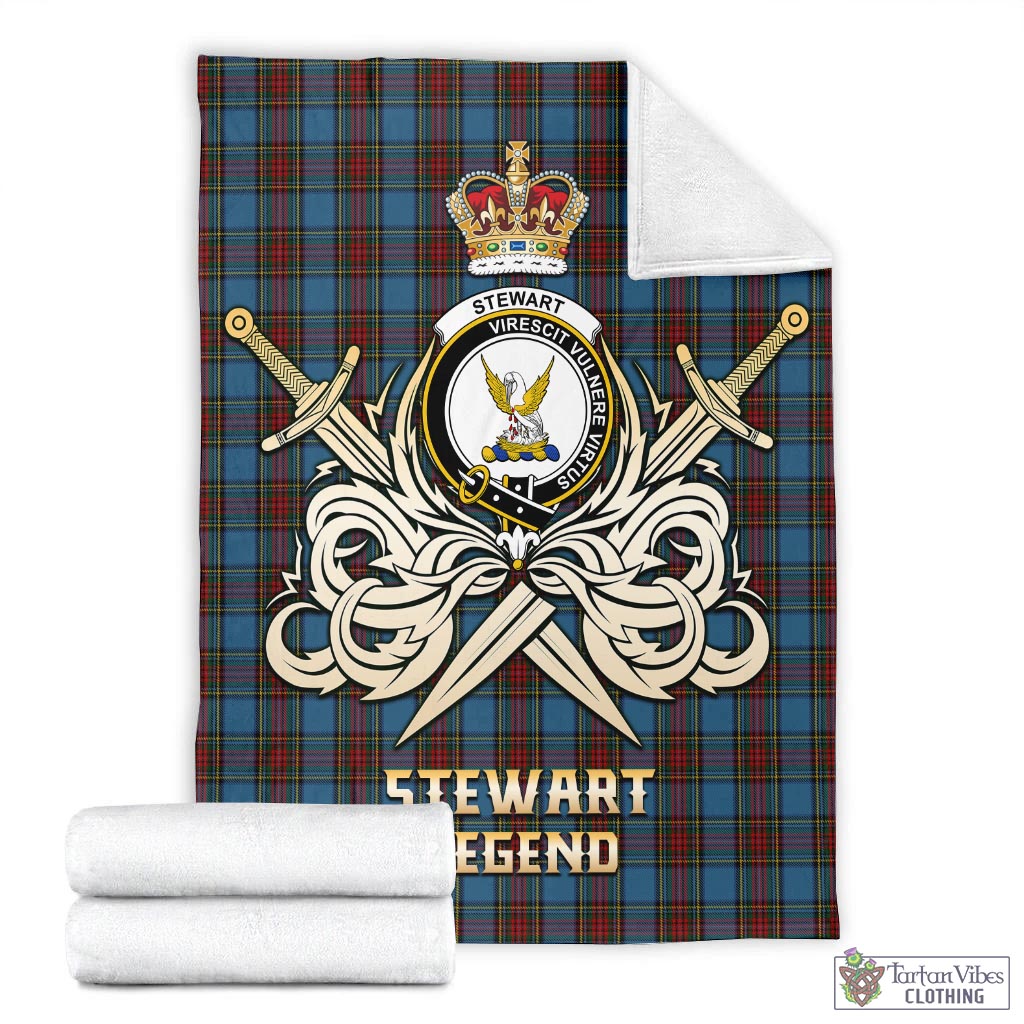 Tartan Vibes Clothing Stewart Royal Blue Tartan Blanket with Clan Crest and the Golden Sword of Courageous Legacy